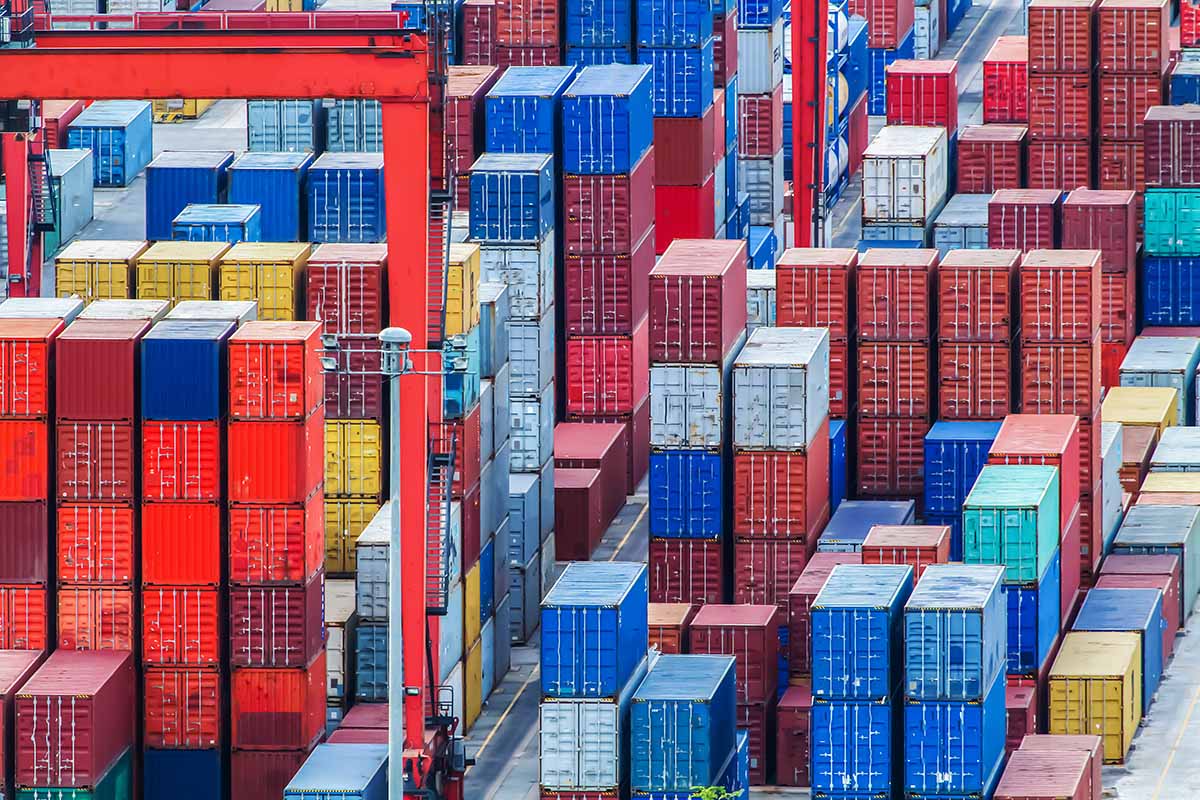 Cargo containers at a shipping port.